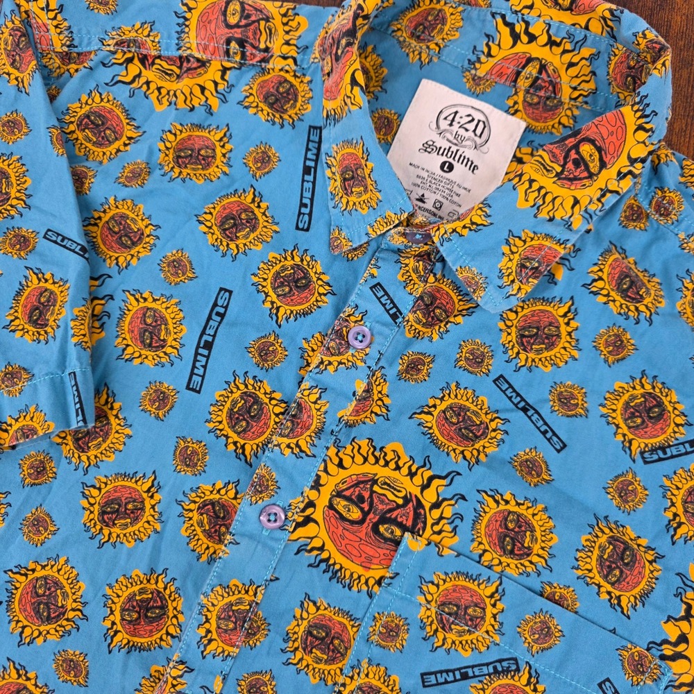 Sublime‎ 4:20 Sun Logo Button Up Shirt Mens L Blue All Over Print Short Sleeve